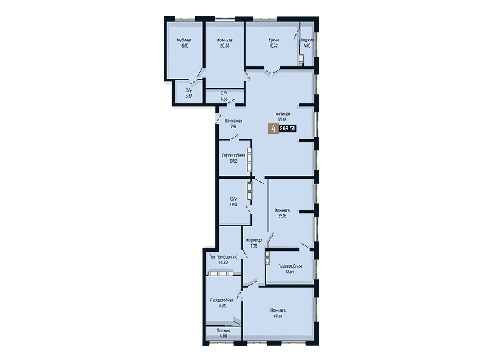 Планировка 4-комнатной квартиры площадью 269.51 м²