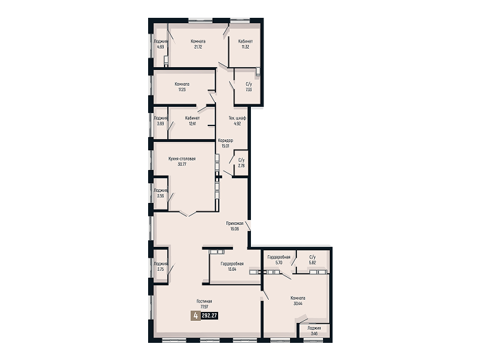 Планировка 4-комнатной квартиры площадью 292.27 м²