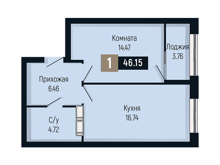 Планировка 1-комнатной квартиры площадью 46.15 м²