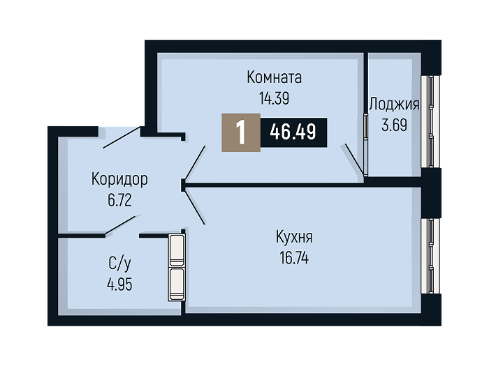 Планировка 1-комнатной квартиры площадью 46.49 м²