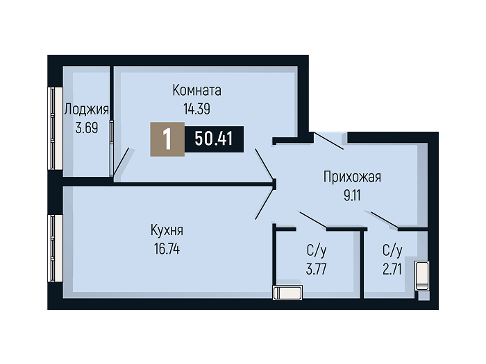 Планировка 1-комнатной квартиры площадью 50.41 м²