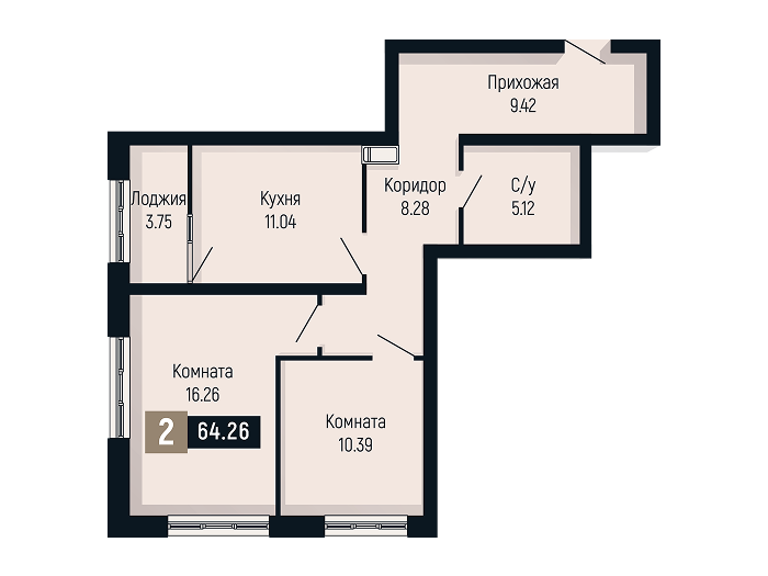 Планировка 2-комнатной квартиры площадью 64.26 м²