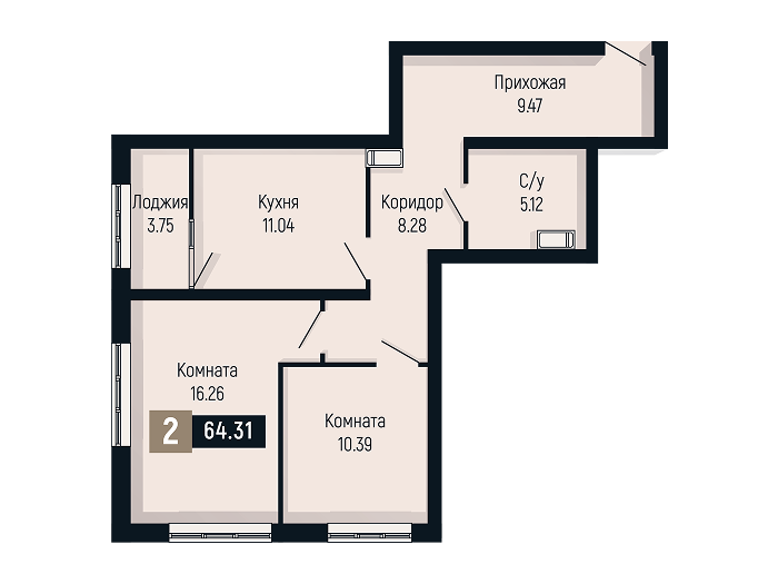 Планировка 2-комнатной квартиры площадью 64.31 м²