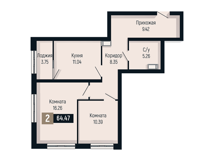Планировка 2-комнатной квартиры площадью 64.47 м²