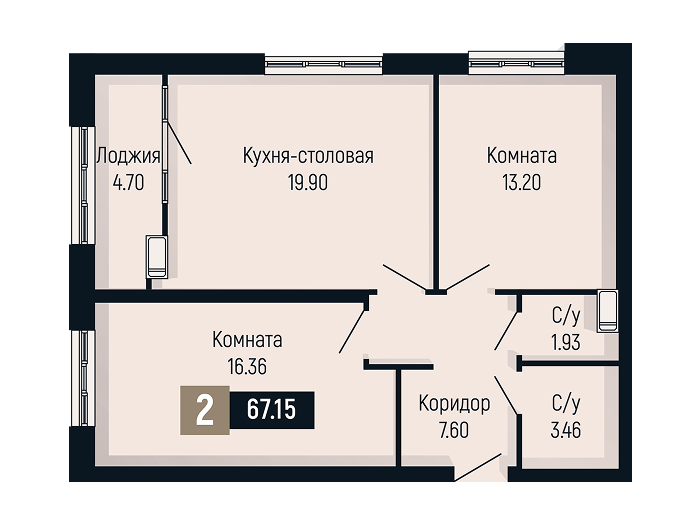 Планировка 2-комнатной квартиры площадью 67.15 м²