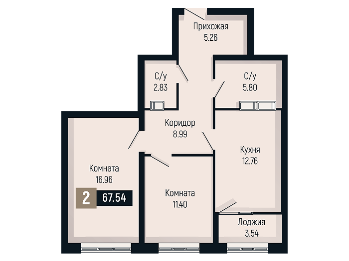 Планировка 2-комнатной квартиры площадью 67.54 м²