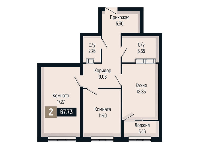 Планировка 2-комнатной квартиры площадью 67.73 м²