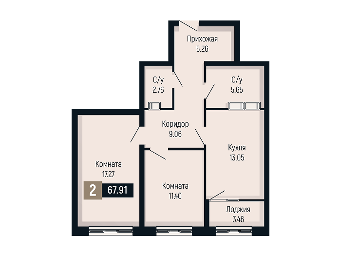 Планировка 2-комнатной квартиры площадью 67.91 м²