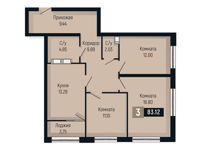 Планировка 3-комнатной квартиры площадью 83.12 м²