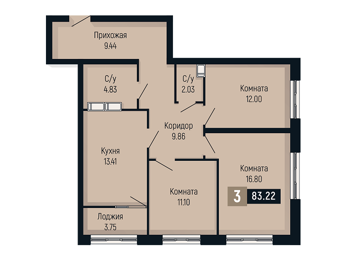 Планировка 3-комнатной квартиры площадью 83.22 м²