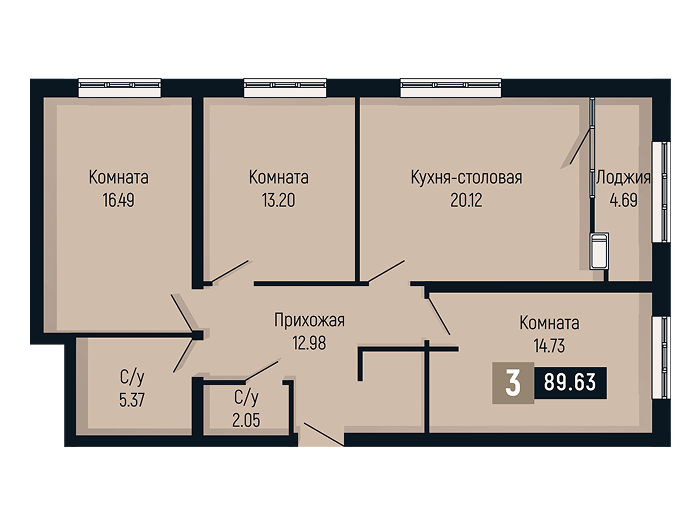 Планировка 3-комнатной квартиры площадью 89.63 м²